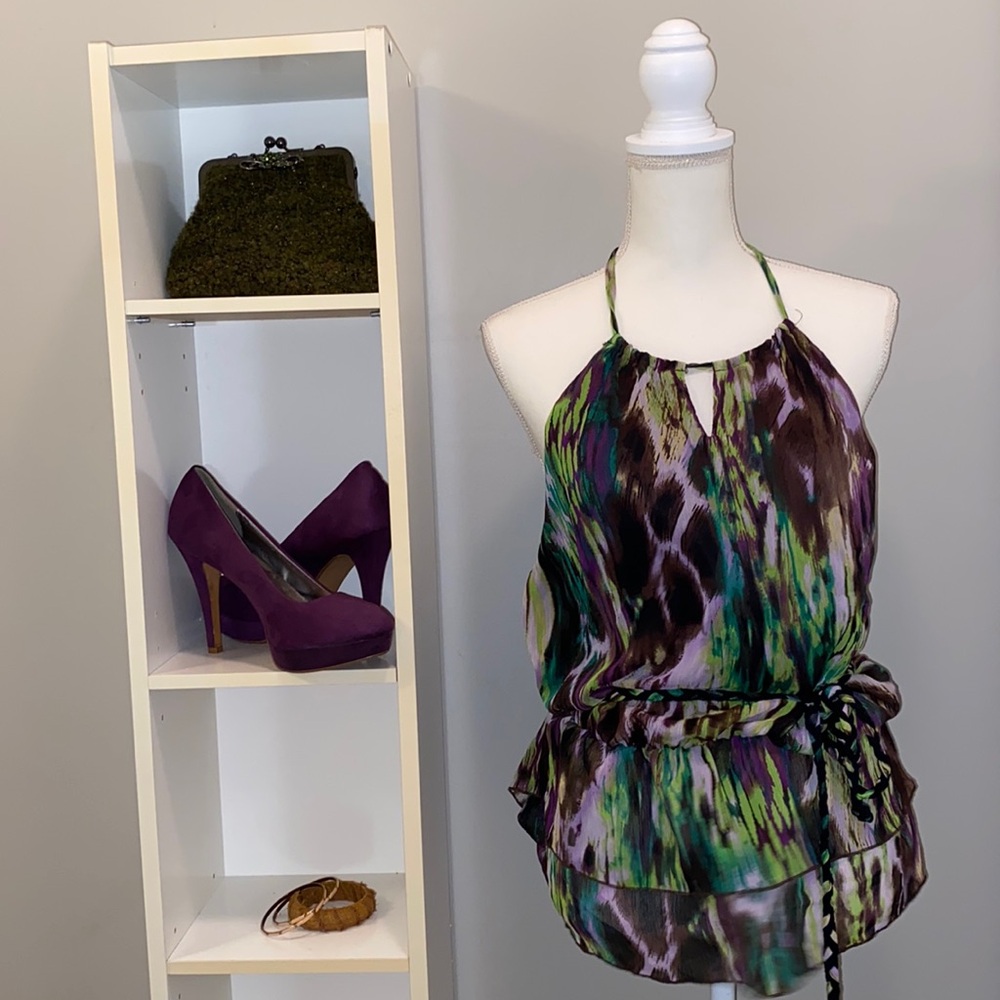 Watercolor Purple, Green Halter Blouse